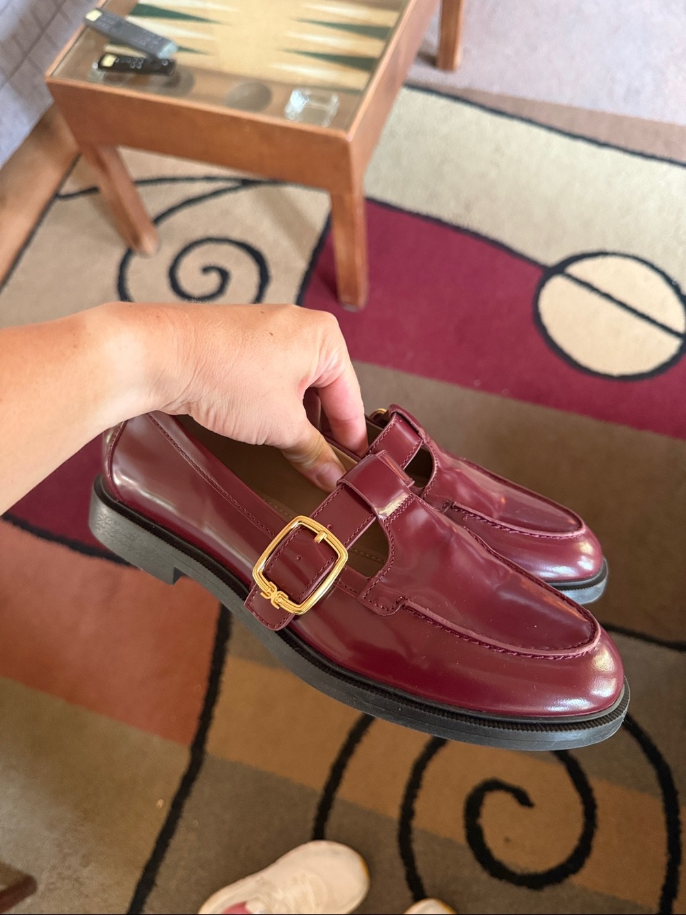 Sam Edelman Elaina Burgundy Patent Leather T-Bar Loafers with Gold Buckles - Picture 4 of 4